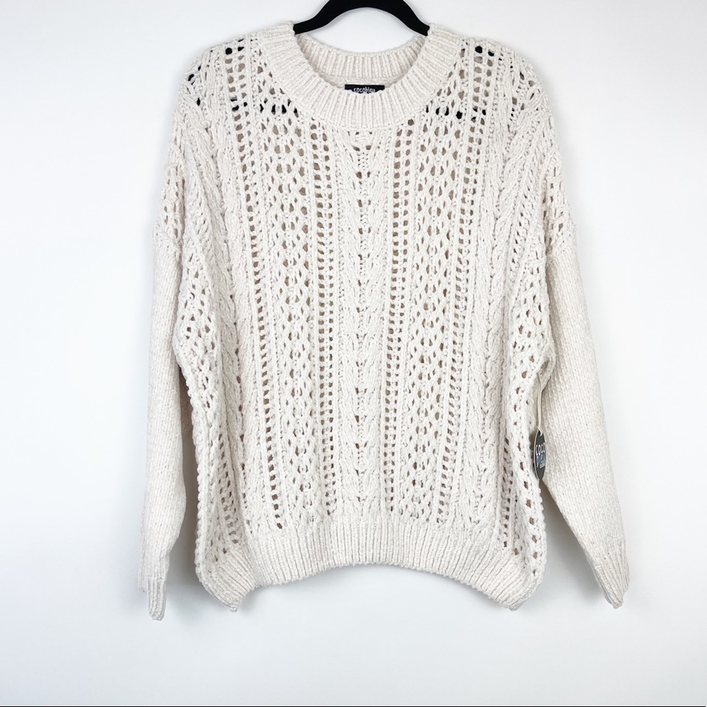 Woman’s Crew Neck Open Stitch Ivory Cozy Sweater Size Large